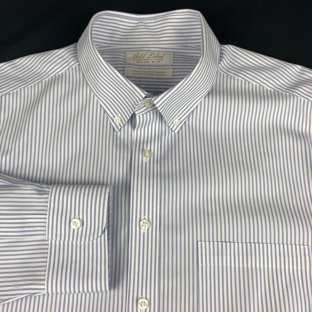 Roundtree & Yorke Gold Label Dress Shirt Mens 17-33 White w/Blue Stripe Slim Fit